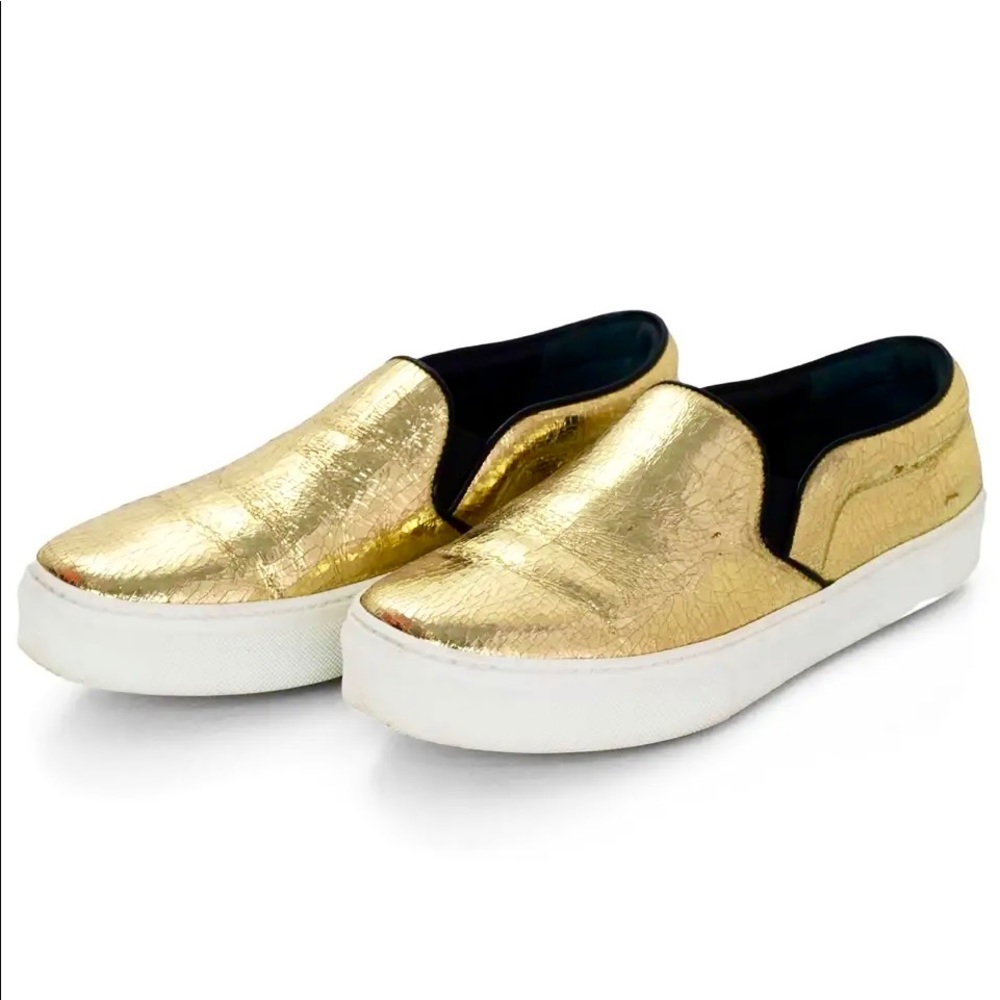 CELINE Distressed Gold Leather Slip On Sneakers